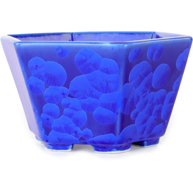 Maceta hexagonal para bonsái con esmaltado de cristal azul oscuro de Heian Senzan (140 x 140 x 75 mm)