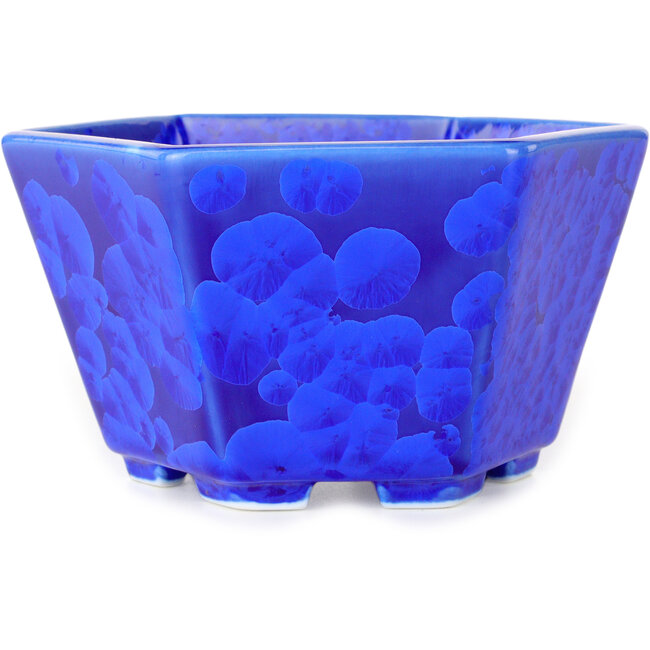 Hexagonal dark blue, crystal glaze bonsai pot by Heian Senzan - 140 x 140 x 75 mm