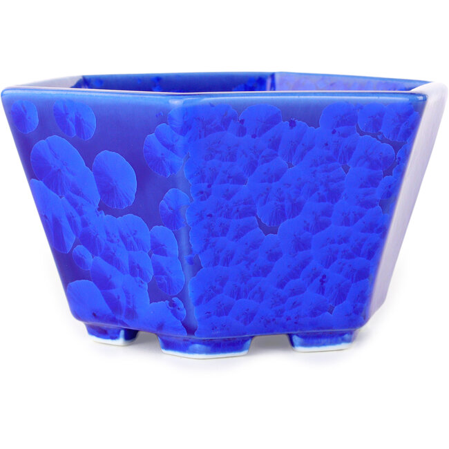 Maceta hexagonal para bonsái con esmaltado de cristal azul oscuro de Heian Senzan (140 x 140 x 75 mm)