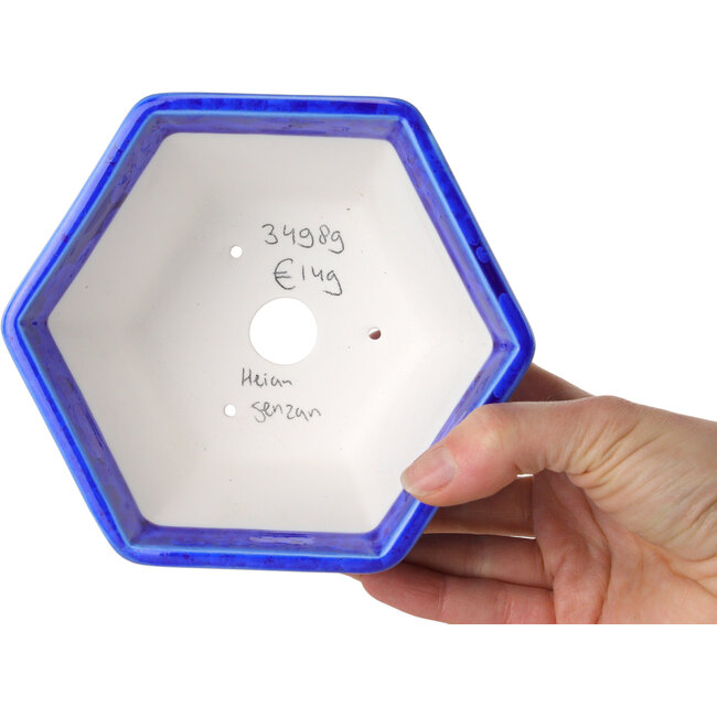 Maceta hexagonal para bonsái con esmaltado de cristal azul oscuro de Heian Senzan (140 x 140 x 75 mm)