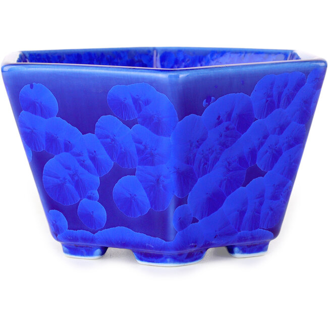 Hexagonal dark blue, crystal glaze bonsai pot by Heian Senzan - 140 x 140 x 75 mm