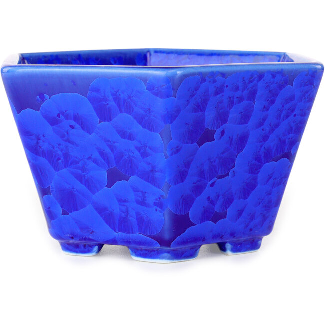 Zeshoekige donkerblauwe bonsaipot met kristalglazuur van Heian Senzan - 140 x 140 x 75 mm
