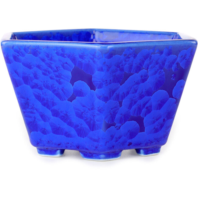 Vaso bonsai esagonale blu scuro smaltato in cristallo di Heian Senzan - 140 x 140 x 75 mm
