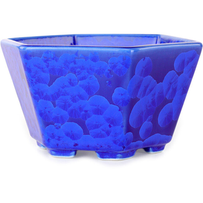 Pot à bonsaï hexagonal bleu foncé à glaçure cristalline par Heian Senzan - 140 x 140 x 75 mm