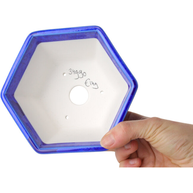 Hexagonal dark blue, crystal glaze bonsai pot by Heian Senzan - 140 x 140 x 75 mm