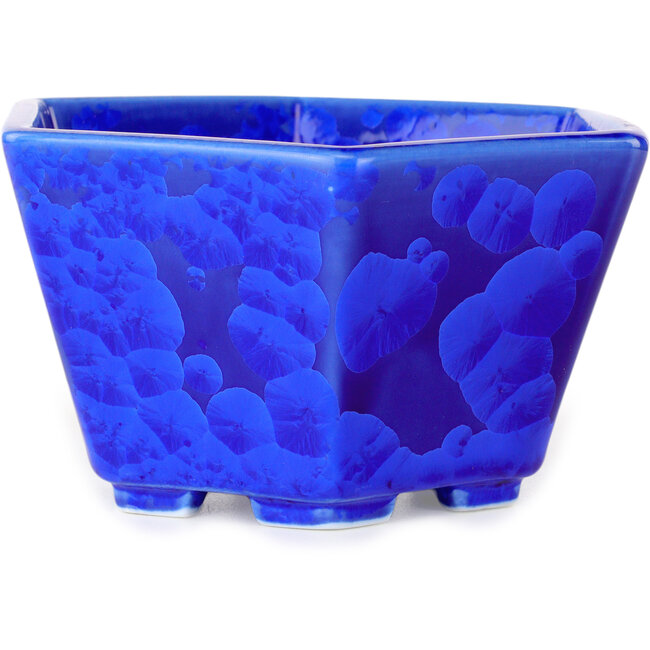 Hexagonal dark blue, crystal glaze bonsai pot by Heian Senzan - 140 x 140 x 75 mm