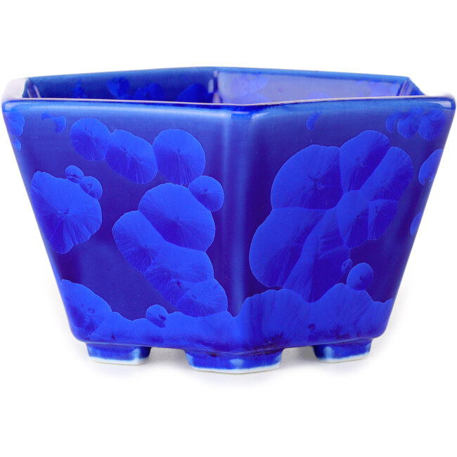 Pot à bonsaï hexagonal bleu foncé à glaçure cristalline par Heian Senzan - 140 x 140 x 75 mm