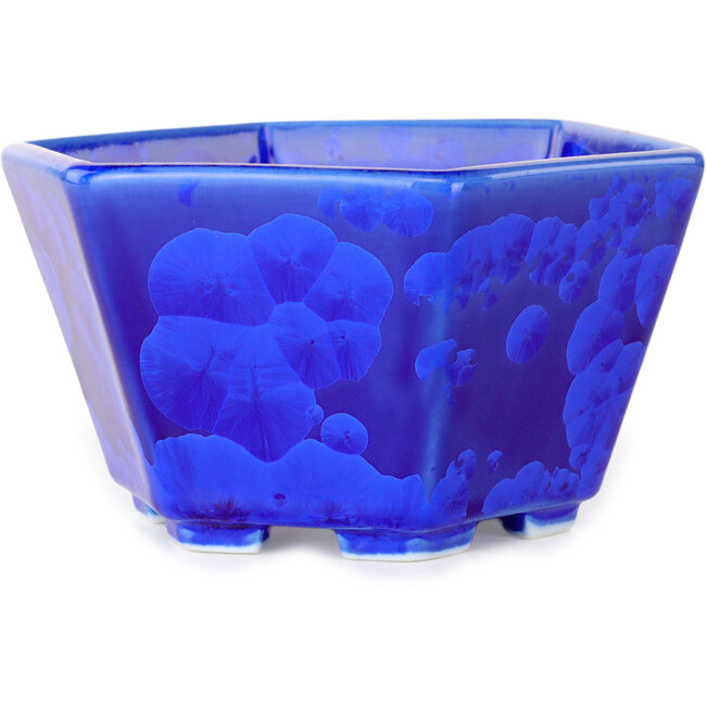 Hexagonal dark blue, crystal glaze bonsai pot by Heian Senzan - 140 x 140 x 75 mm