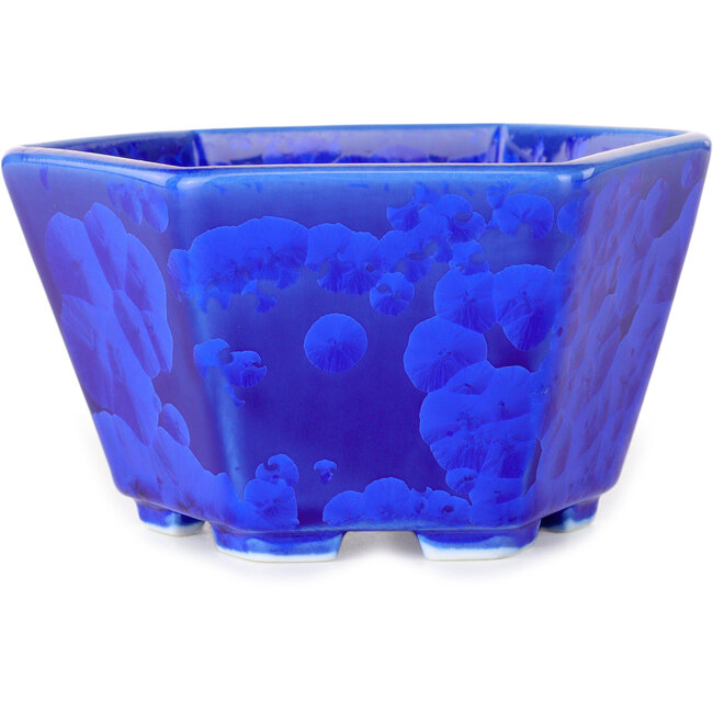 Hexagonal dark blue, crystal glaze bonsai pot by Heian Senzan - 140 x 140 x 75 mm