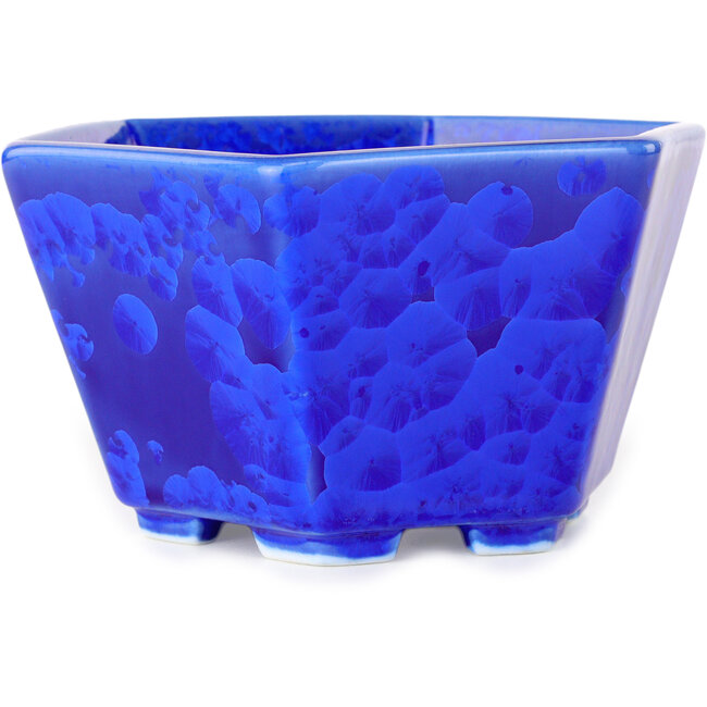 Maceta hexagonal para bonsái con esmaltado de cristal azul oscuro de Heian Senzan (140 x 140 x 75 mm)