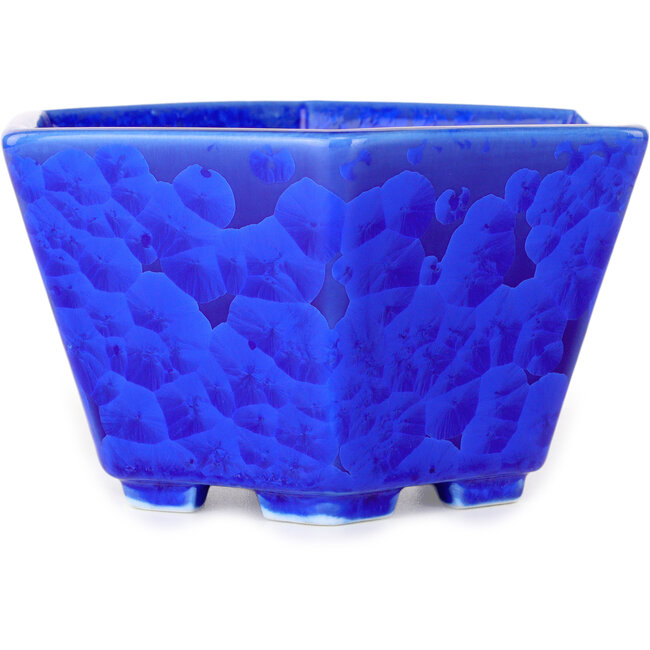 Hexagonal dark blue, crystal glaze bonsai pot by Heian Senzan - 140 x 140 x 75 mm