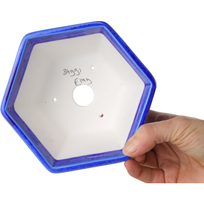 Hexagonal dark blue, crystal glaze bonsai pot by Heian Senzan - 140 x 140 x 75 mm