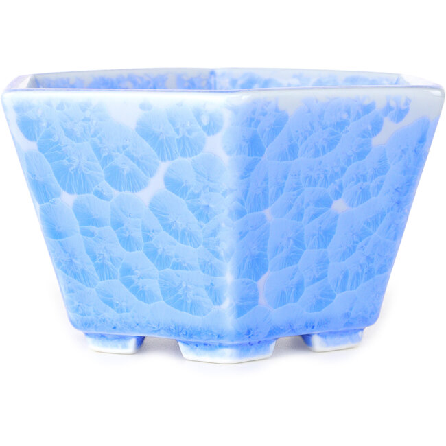 Hexagonal light blue, crystal glaze bonsai pot by Heian Senzan - 140 x 140 x 75 mm