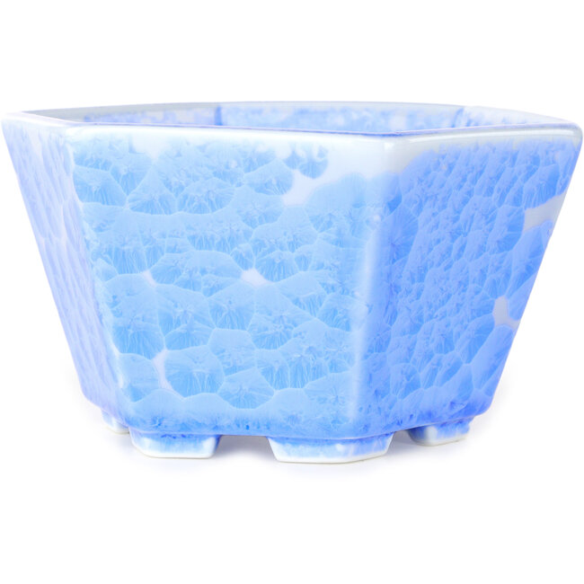 Vaso bonsai esagonale in smalto cristallino azzurro di Heian Senzan - 140 x 140 x 75 mm