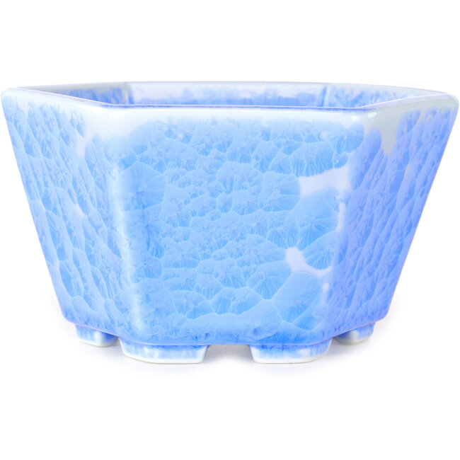 Hexagonal light blue, crystal glaze bonsai pot by Heian Senzan - 140 x 140 x 75 mm