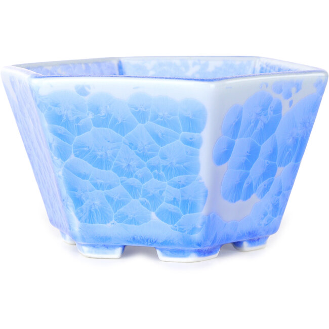 Maceta hexagonal para bonsái con esmaltado de cristal azul claro de Heian Senzan (140 x 140 x 75 mm)