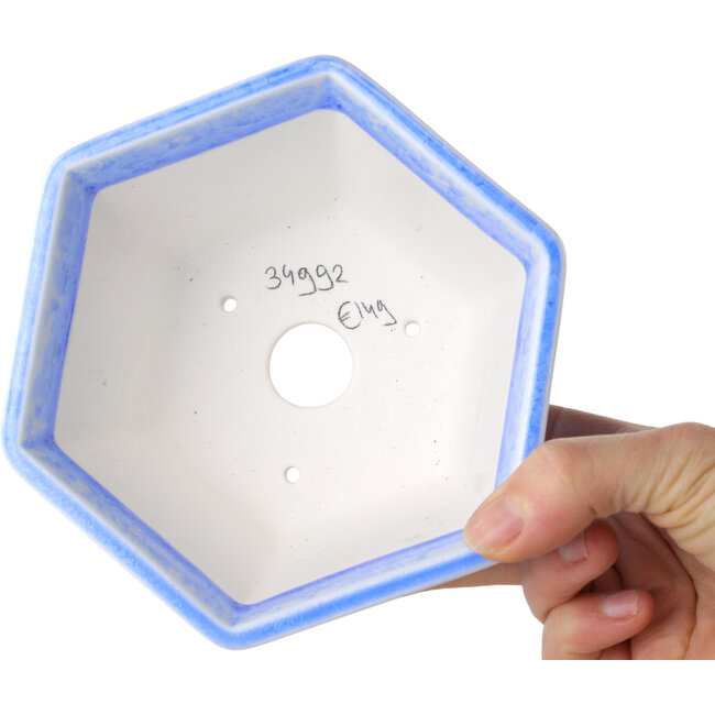 Maceta hexagonal para bonsái con esmaltado de cristal azul claro de Heian Senzan (140 x 140 x 75 mm)