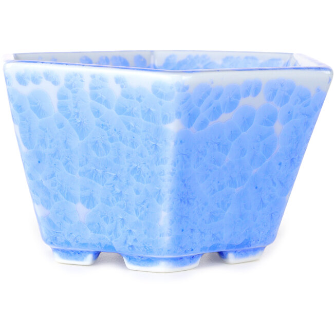 Hexagonal light blue, crystal glaze bonsai pot by Heian Senzan - 140 x 140 x 75 mm