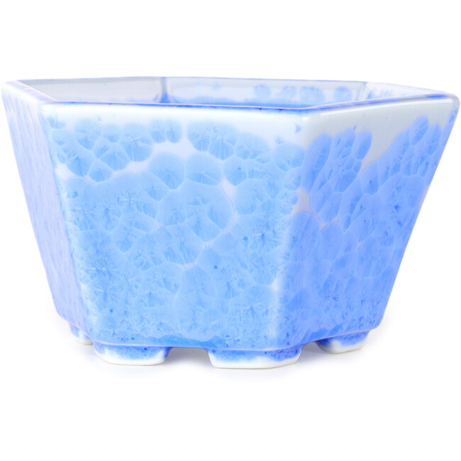 Vaso bonsai esagonale in smalto cristallino azzurro di Heian Senzan - 140 x 140 x 75 mm