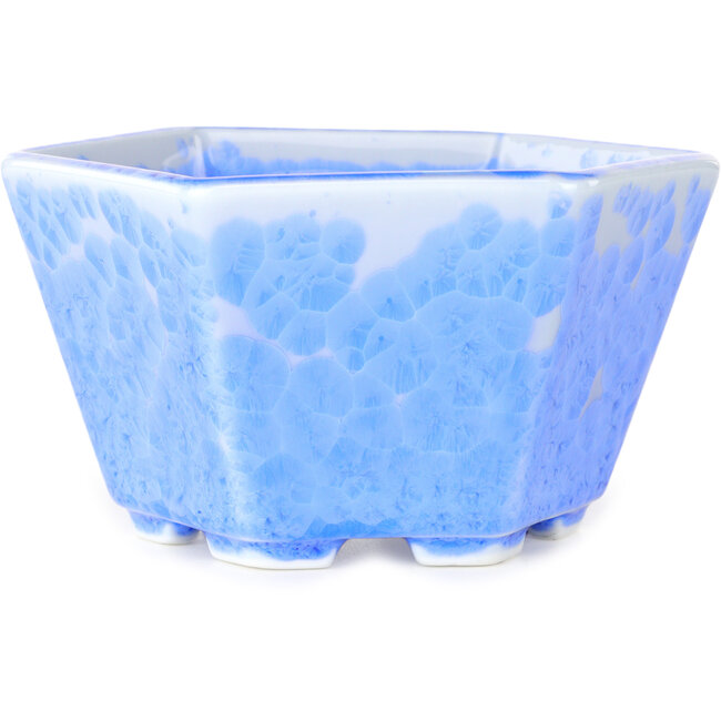 Maceta hexagonal para bonsái con esmaltado de cristal azul claro de Heian Senzan (140 x 140 x 75 mm)