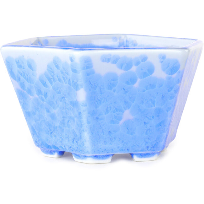 Hexagonal light blue, crystal glaze bonsai pot by Heian Senzan - 140 x 140 x 75 mm