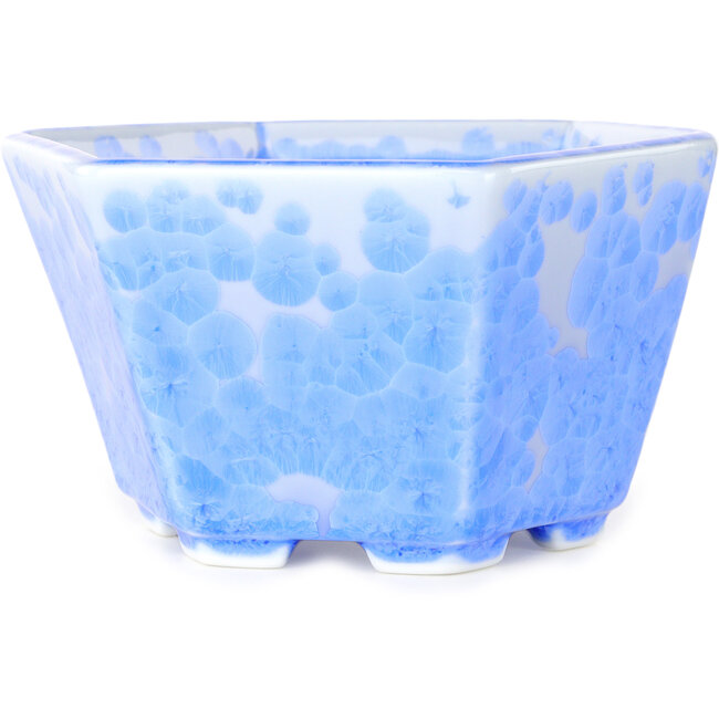 Hexagonal light blue, crystal glaze bonsai pot by Heian Senzan - 140 x 140 x 75 mm