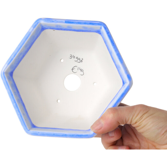 Maceta hexagonal para bonsái con esmaltado de cristal azul claro de Heian Senzan (140 x 140 x 75 mm)