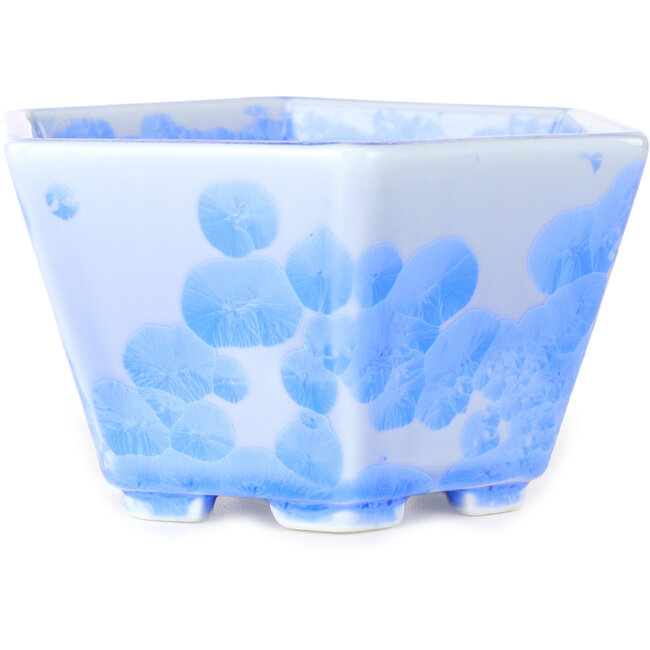 Hexagonal light blue, crystal glaze bonsai pot by Heian Senzan - 140 x 140 x 75 mm