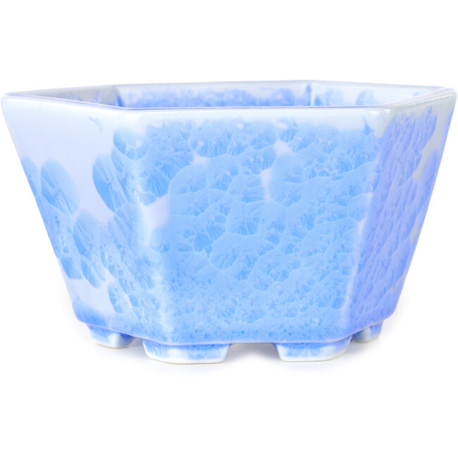 Hexagonal light blue, crystal glaze bonsai pot by Heian Senzan - 140 x 140 x 75 mm