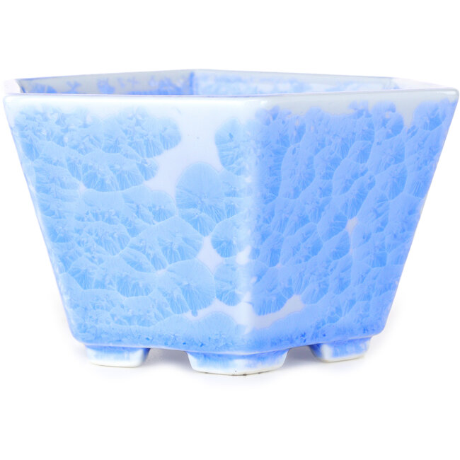 Vaso bonsai esagonale in smalto cristallino azzurro di Heian Senzan - 140 x 140 x 75 mm