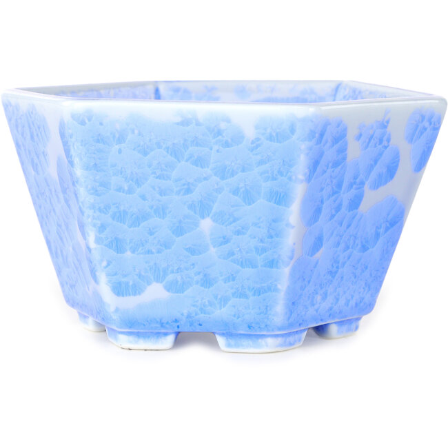 Hexagonal light blue, crystal glaze bonsai pot by Heian Senzan - 140 x 140 x 75 mm