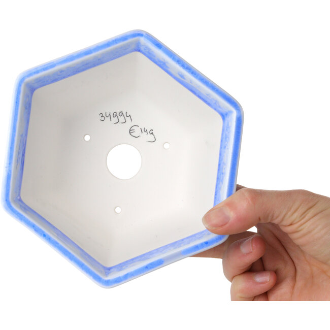 Pot à bonsaï hexagonal bleu clair à glaçure cristalline par Heian Senzan - 140 x 140 x 75 mm