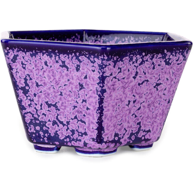 Hexagonal purple, crystal glaze bonsai pot by Heian Senzan - 140 x 140 x 75 mm