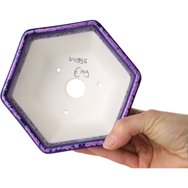 Hexagonal purple, crystal glaze bonsai pot by Heian Senzan - 140 x 140 x 75 mm