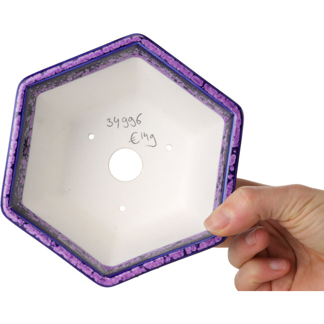 Zeshoekige paarse bonsaipot met kristalglazuur van Heian Senzan - 140 x 140 x 75 mm