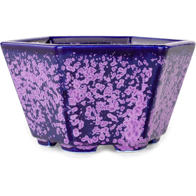 Vaso bonsai esagonale viola smaltato in cristallo di Heian Senzan - 140 x 140 x 75 mm