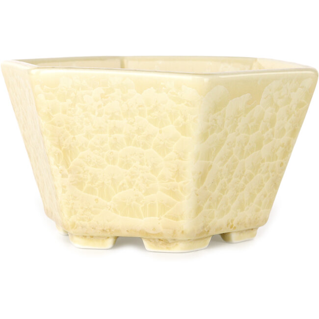 Zeshoekige, gebroken witte bonsaipot met kristalglazuur van Heian Senzan - 140 x 140 x 75 mm