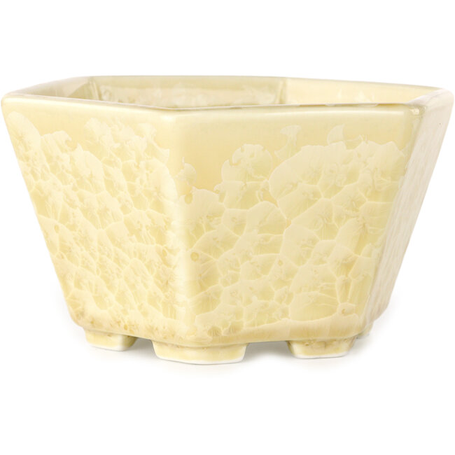 Maceta hexagonal para bonsái con esmalte cristalino de color blanco roto de Heian Senzan (140 x 140 x 75 mm)