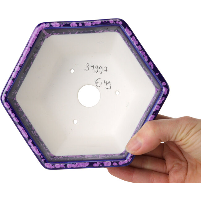 Maceta hexagonal para bonsái con esmalte de cristal morado de Heian Senzan (140 x 140 x 75 mm)