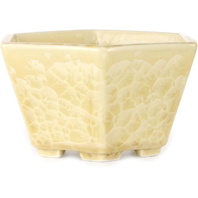 Hexagonal off-white, crystal glaze bonsai pot by Heian Senzan - 140 x 140 x 75 mm