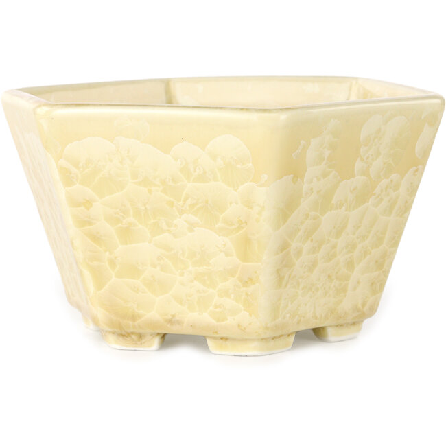 Vaso bonsai esagonale bianco sporco, smaltato in cristallo di Heian Senzan - 140 x 140 x 75 mm