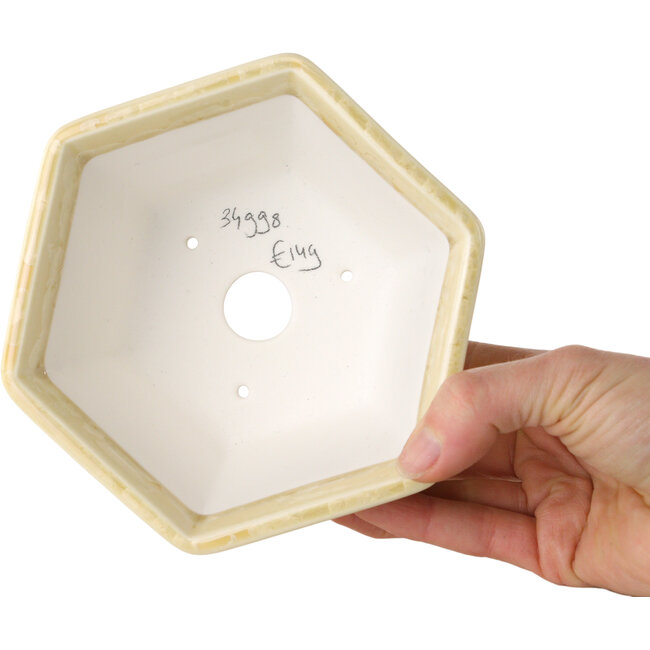 Hexagonal off-white, crystal glaze bonsai pot by Heian Senzan - 140 x 140 x 75 mm