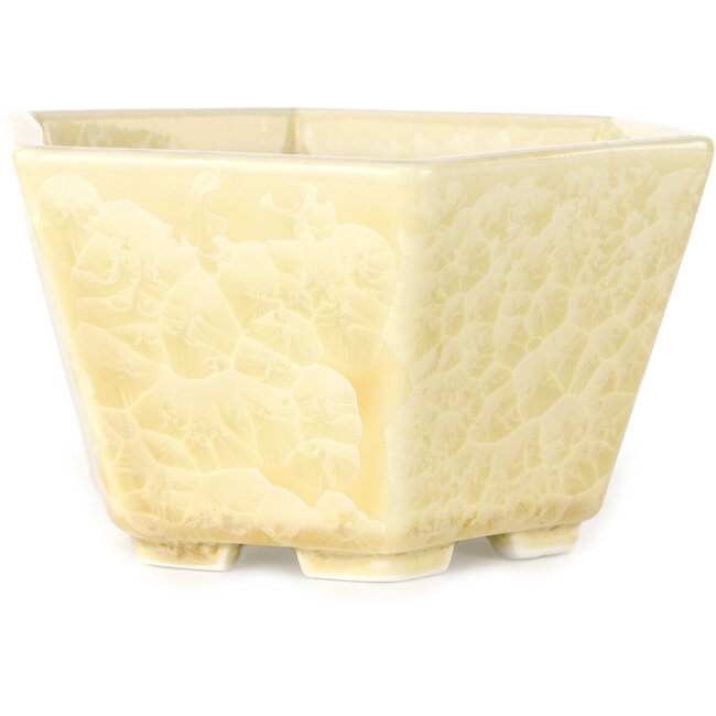 Hexagonal off-white, crystal glaze bonsai pot by Heian Senzan - 140 x 140 x 75 mm
