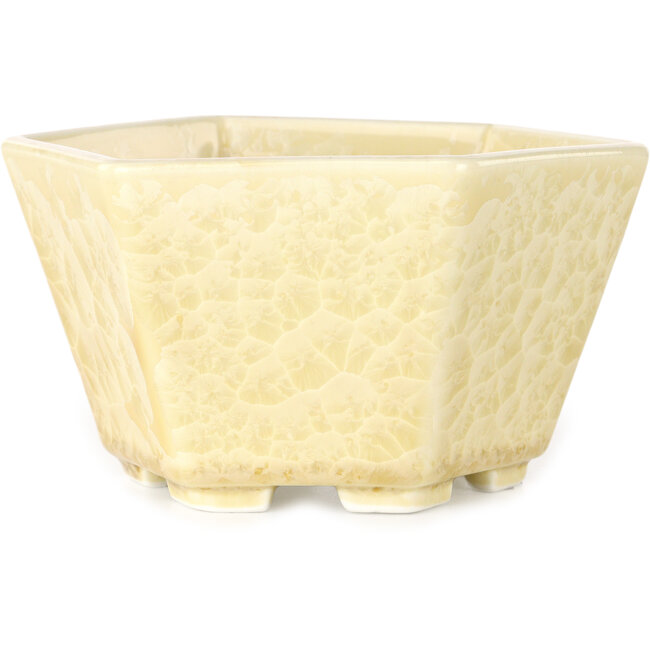 Pot à bonsaï hexagonal en émail cristal blanc cassé, par Heian Senzan - 140 x 140 x 75 mm