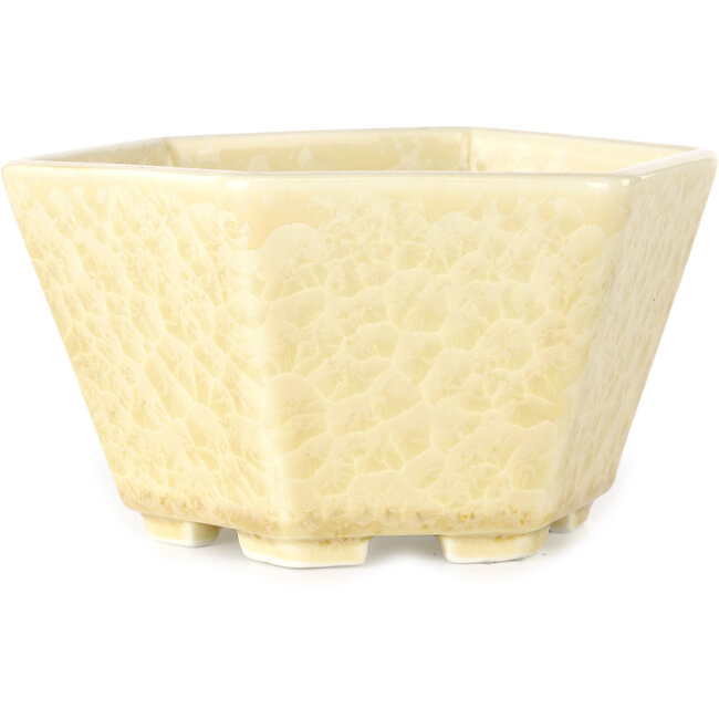 Hexagonal off-white, crystal glaze bonsai pot by Heian Senzan - 140 x 140 x 75 mm