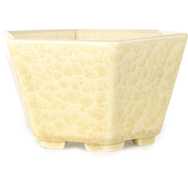 Pot à bonsaï hexagonal en émail cristal blanc cassé, par Heian Senzan - 140 x 140 x 75 mm