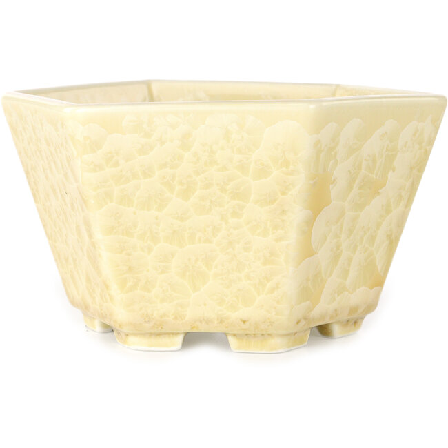 Zeshoekige, gebroken witte bonsaipot met kristalglazuur van Heian Senzan - 140 x 140 x 75 mm