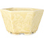 Hexagonal off-white, crystal glaze bonsai pot by Heian Senzan - 140 x 140 x 75 mm