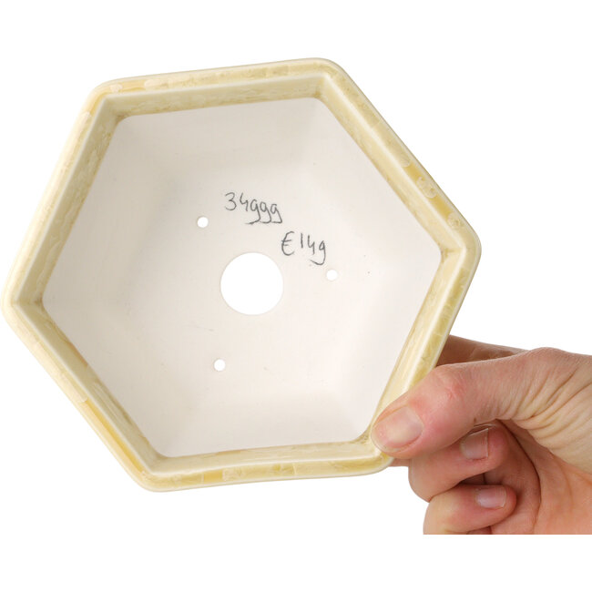 Zeshoekige, gebroken witte bonsaipot met kristalglazuur van Heian Senzan - 140 x 140 x 75 mm