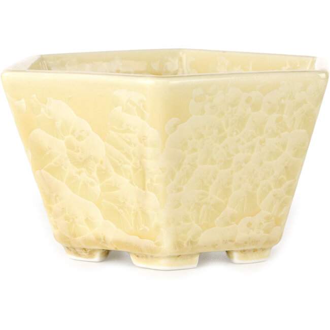 Zeshoekige, gebroken witte bonsaipot met kristalglazuur van Heian Senzan - 140 x 140 x 75 mm